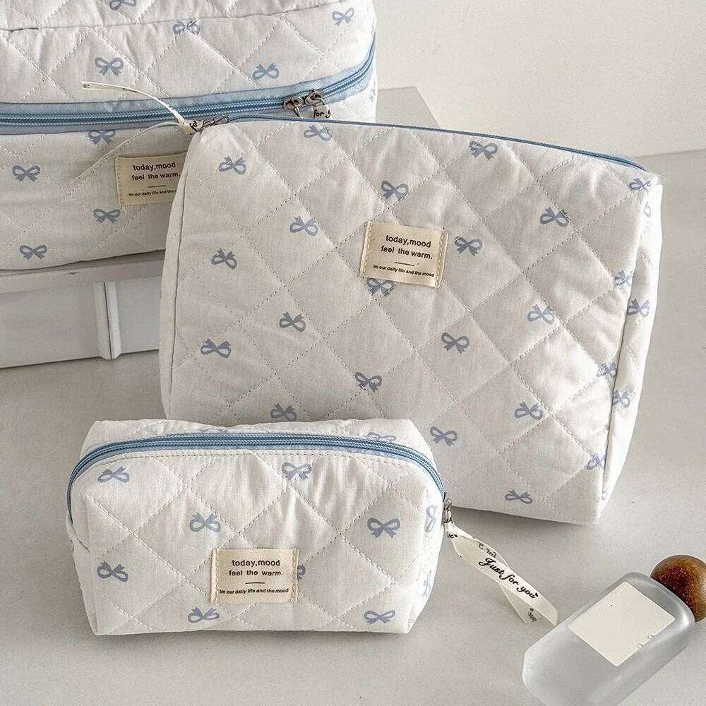 Blue Bow Quilted Women Cosmetic Bag Sets Large Capacity Makeup Handbag Travel Pouch 3 Type Ladies Zipper Organizer for Bags Y260206