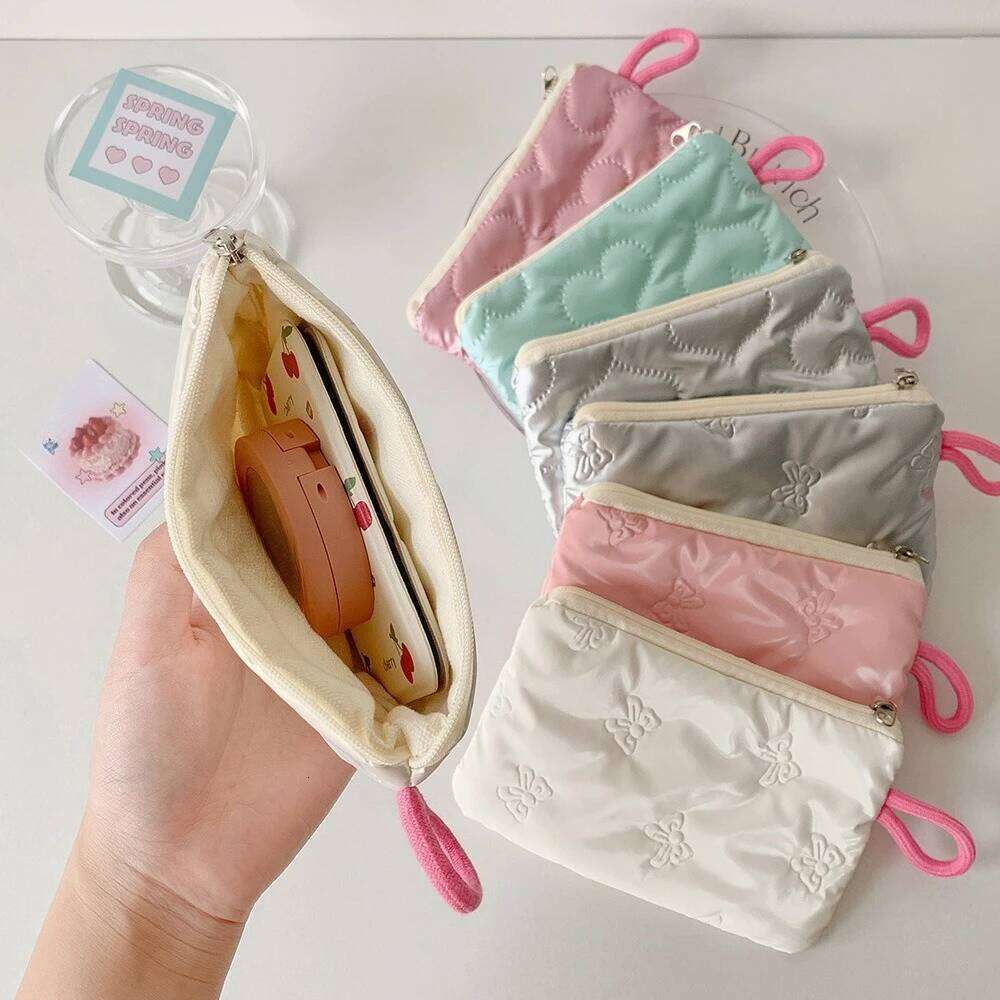 Bow Silver Zipper Mini Makeup Women Cosmetic Purse Coin Pouch Cute Wallet Portable Earphones Data Cable Storage Bag Y260206