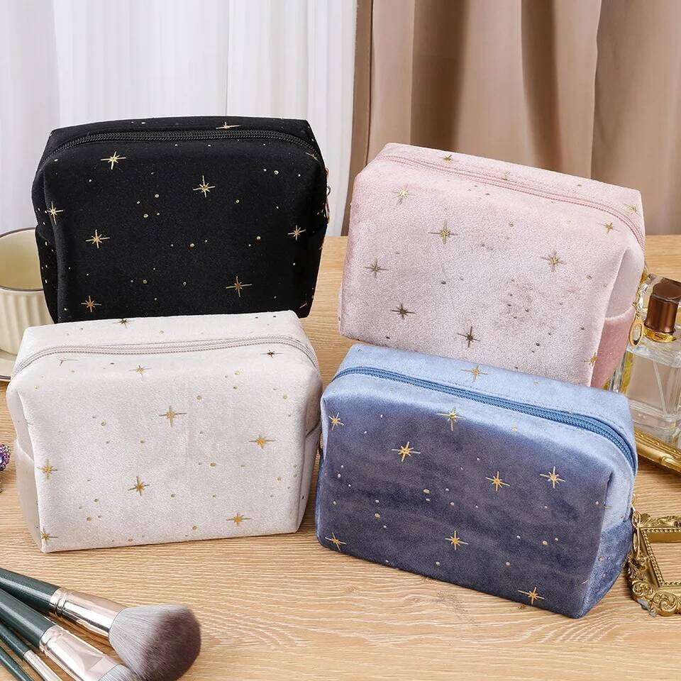 High Quality Portable Cosmetic Hot stamping star pattern with Zipper Make Up Storage Soft Velvet Women Toiletry Bag Y260206