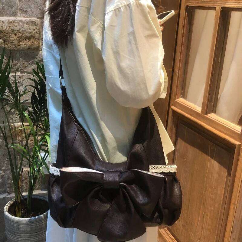 Vintage Casual Fashion Chic Bow Shoulder Bag Women Sweet Y2k Aesthetic Pleated Handbags Korean Ins Patchwork Lace Crossbody Bags Y260205