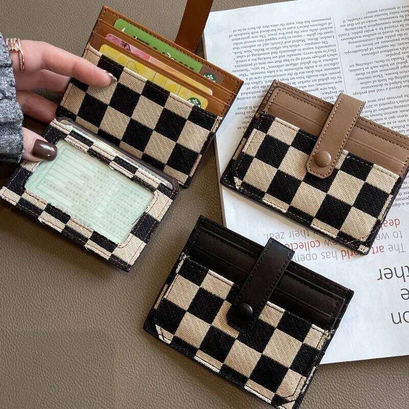 Delicate Vintage Grid Canvas Mini Card Holder Women Slim Multifunctional Driver License Pouch Y260206