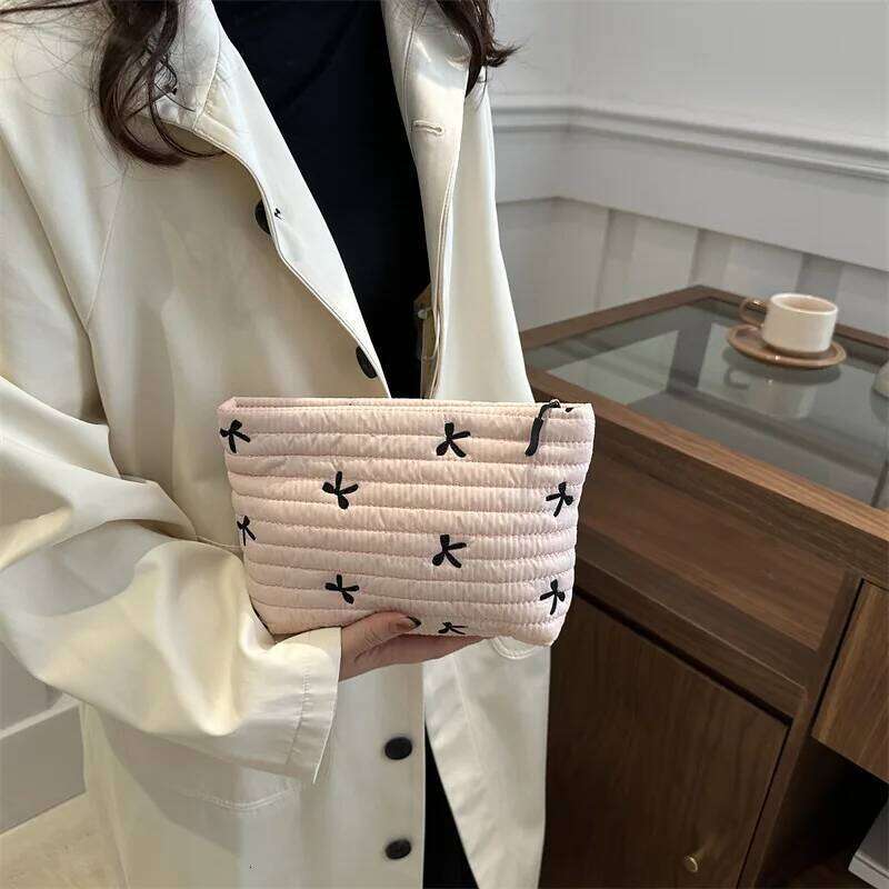 Ins Fashion Women Handbag Portable Simple Oxford Bow Travel Organizer Makeup Storage Pouch Large Capacity Cosmetic Zipper Bag Y260206