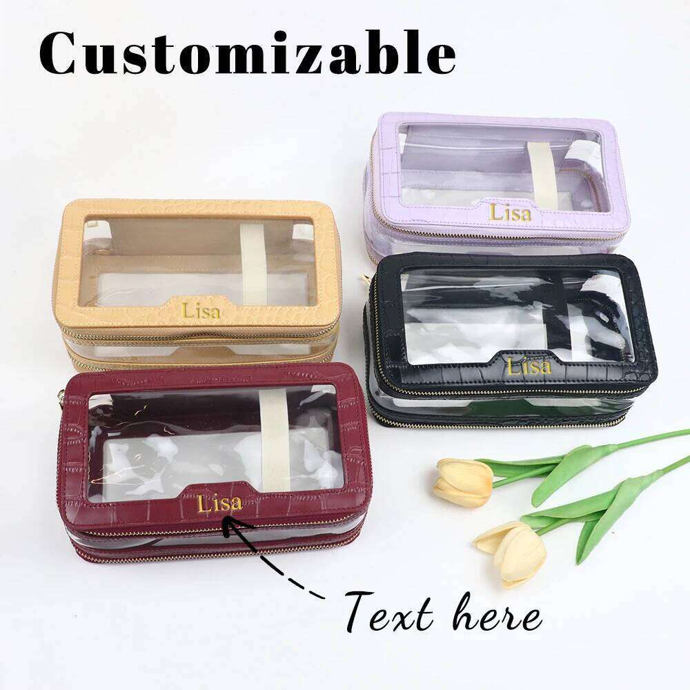 Customized name PU leather + transparent TPU toiletry travel portable makeup bag, large-capacity waterproof storage bag Y260206