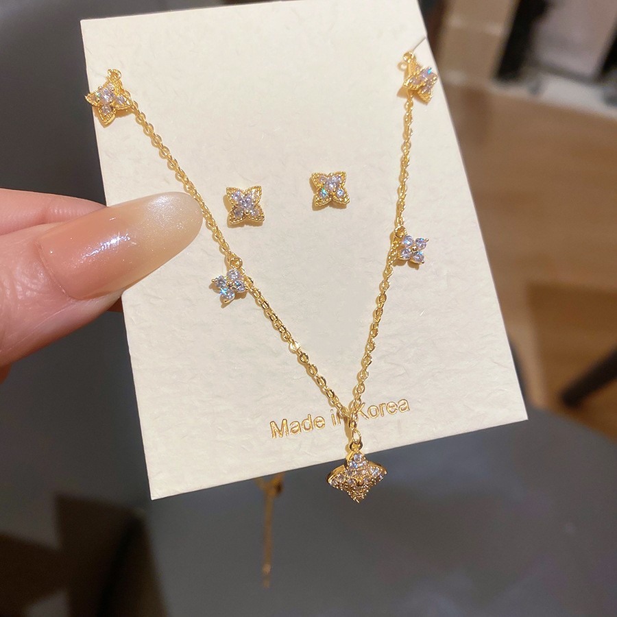 Real gold-plated zircon flower earrings necklace, elegant versatile jewelry set, light luxury and high-end accessories - view 5