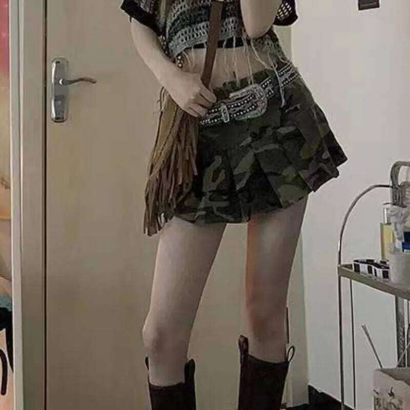 Pleated Skirts for Women American Style Vintage Clothing Summer Camouflage High Street Fit Students All-match Young Sexy Chic XJ260206