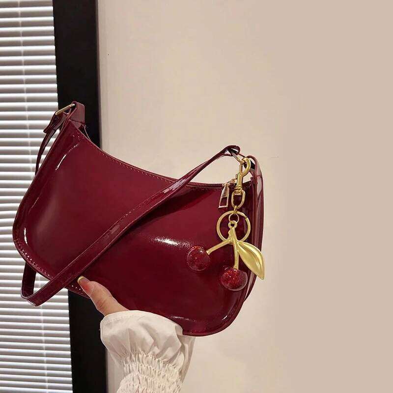 Women's PU Leather Handbag Versatile Fashion Solid Color Cherry Pendant Shoulder Casual Commuting Girl Underarm Bag Y260205