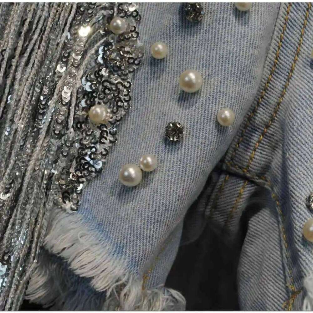 Women Sequined Fringe Denim Summer Rhinestone Pearl Beading Short Jeans Casual Fashion High Waist Female A-line Shorts XJ260206