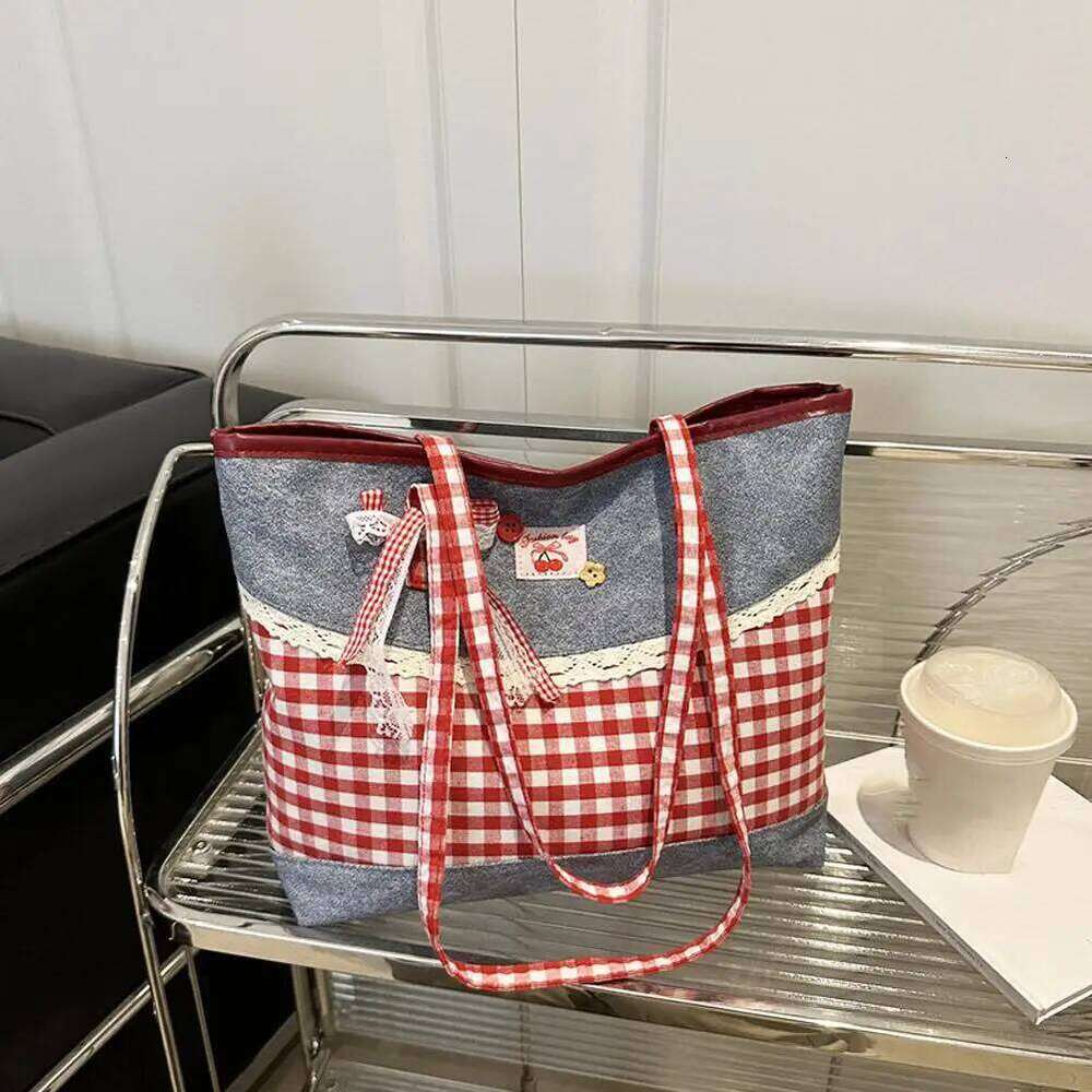 Retro Lattice Lace Bow Shoulder Lovely Rural Style Denim Plaid Handbag Leisure Vintage Commuting Tote Bag Women Z260207 - view 4