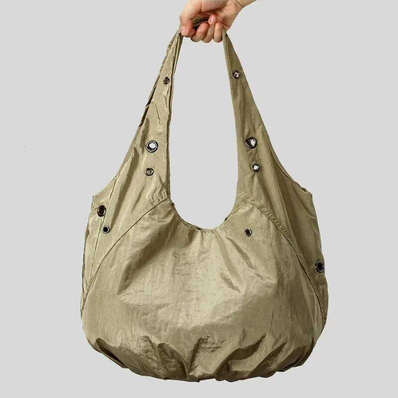 Women's Y2k Rivet Nylon Shoulder Bags Korean Popular Designer Handbag Large Capacity Shopper Purse with Zipper Vintage Roomy Bag Y260205