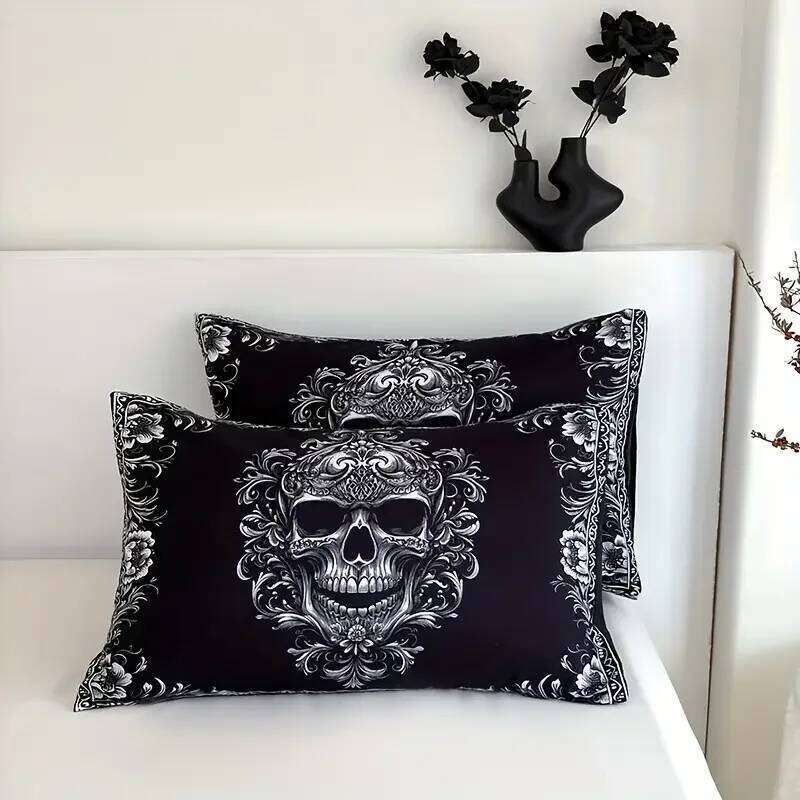 3pcs Black White Gothic Skull Fitted Sheet Set 3D Printed Mattress Covers Soft Breathable With 2 Pillowcases for Adults Bedroom XJ260206