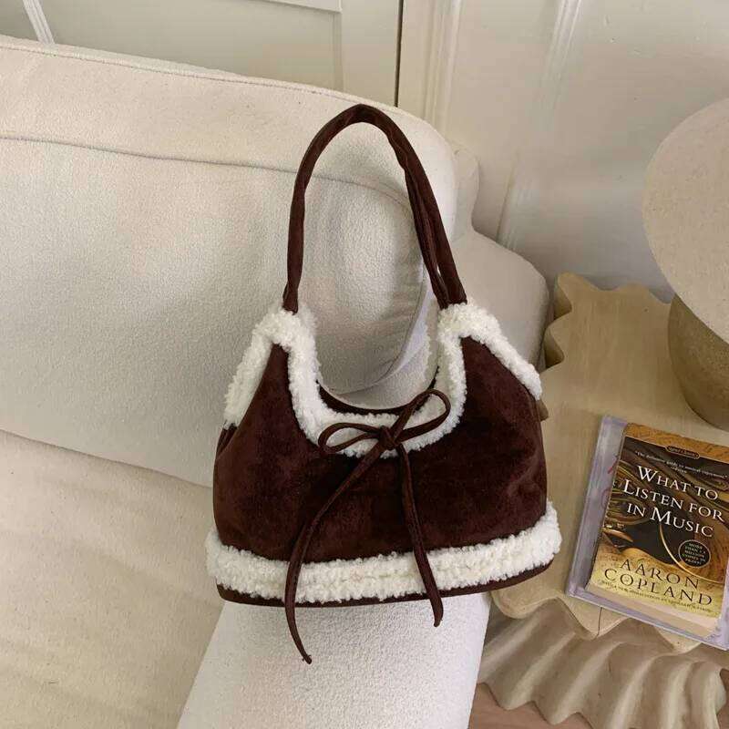 Vintage Shearling Suede Tote Women Large Capacity Bow Shoulder Autumn Winter Fashion Simple Texture Casual Bucket Bag Y260204