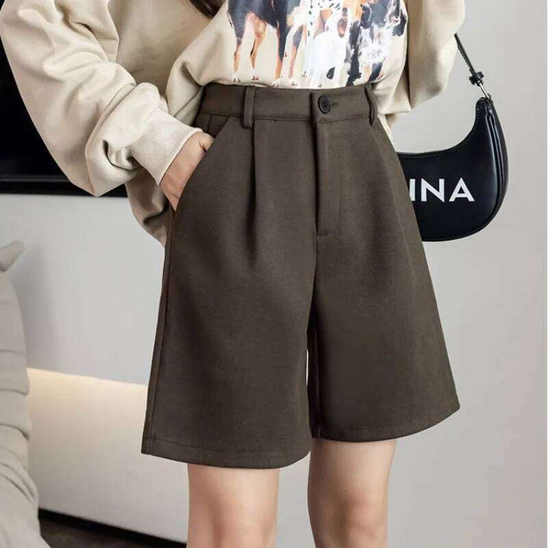 Wide Leg Shorts Women Baggy Autumn Spring Ladies High Waist Casual A-line Trousers Solid Color Button Pockets All-match Loose XJ260206