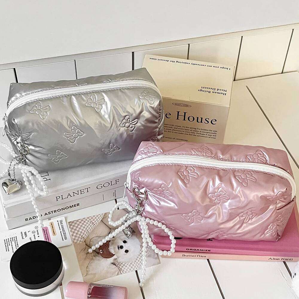 Silver Bow Women Pearl Zipper Makeup Portable Coins Lipsticks Cosmetic Storage Pouch Purse Ladies Elegant Square Bag Y260206