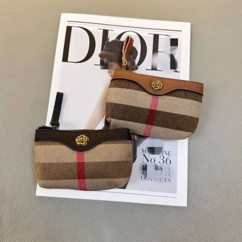 Stylish Womens Zipper Coin Purse - Compact Genuine Leather Wallet with Brown & Beige Striped Design, Perfect for Coins, Keys Y260206
