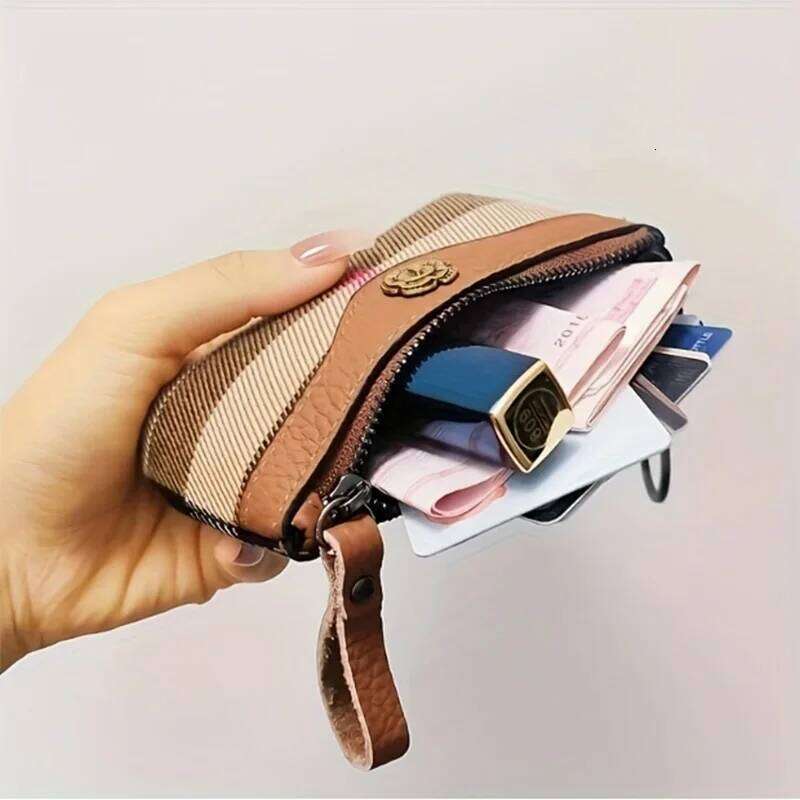 Stylish Womens Zipper Coin Purse - Compact Genuine Leather Wallet with Brown & Beige Striped Design, Perfect for Coins, Keys Y260206