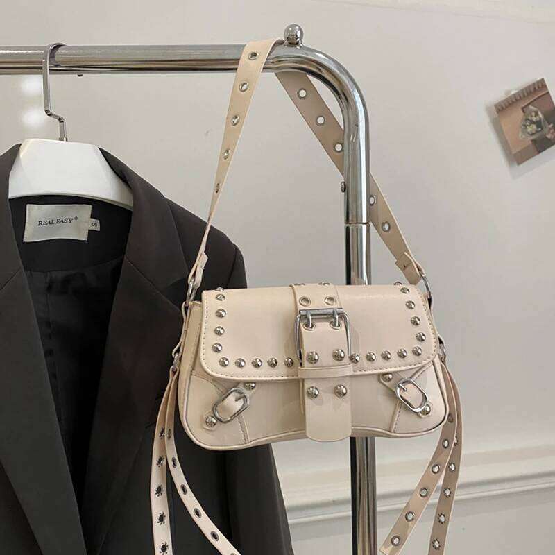 Shoulder Bag for Women Pink Underarm PU Leather Crescent Bags with Rivet Small Y2k Purses Trendy Armpit Purse Y260205