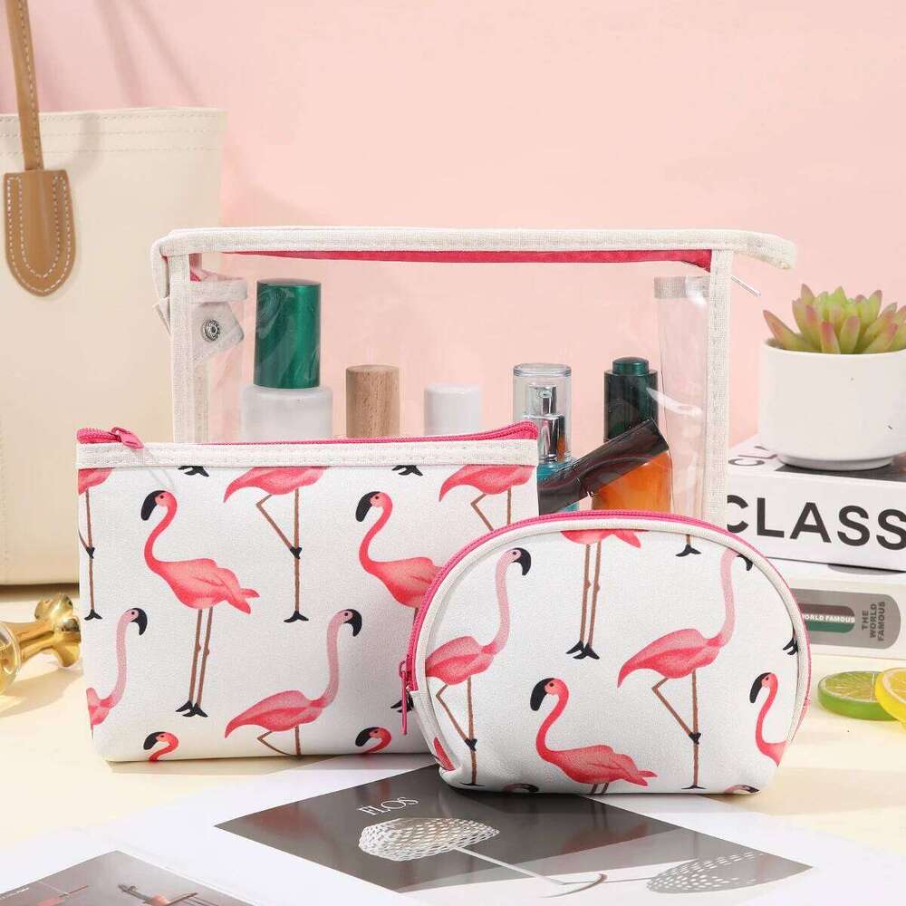 Three piece flamingo makeup Waterproof transparent PVC wash Fashion cartoon portable storage bag Y260206