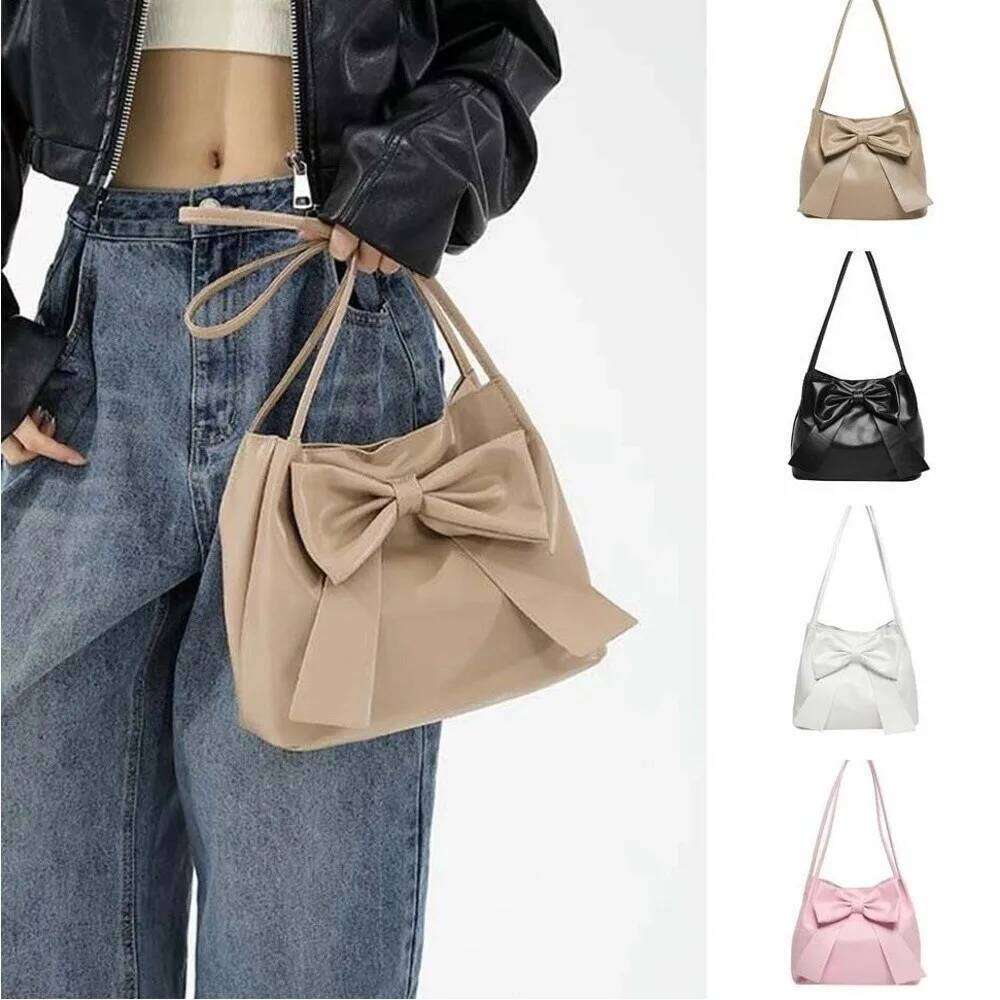 Elegant Solid Color PU Bow Shoulder Korean Style Bucket INS Tote Portable Luxury Fashion Underarm Bag Women Y260205