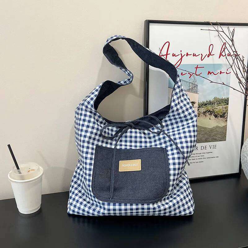 Double Sided Nylon Women's Shoulder Bags Large Capacity Plaid Ladies Tote Underarm Bag Threaded Simple Bow Casual Female Handbag Y260205