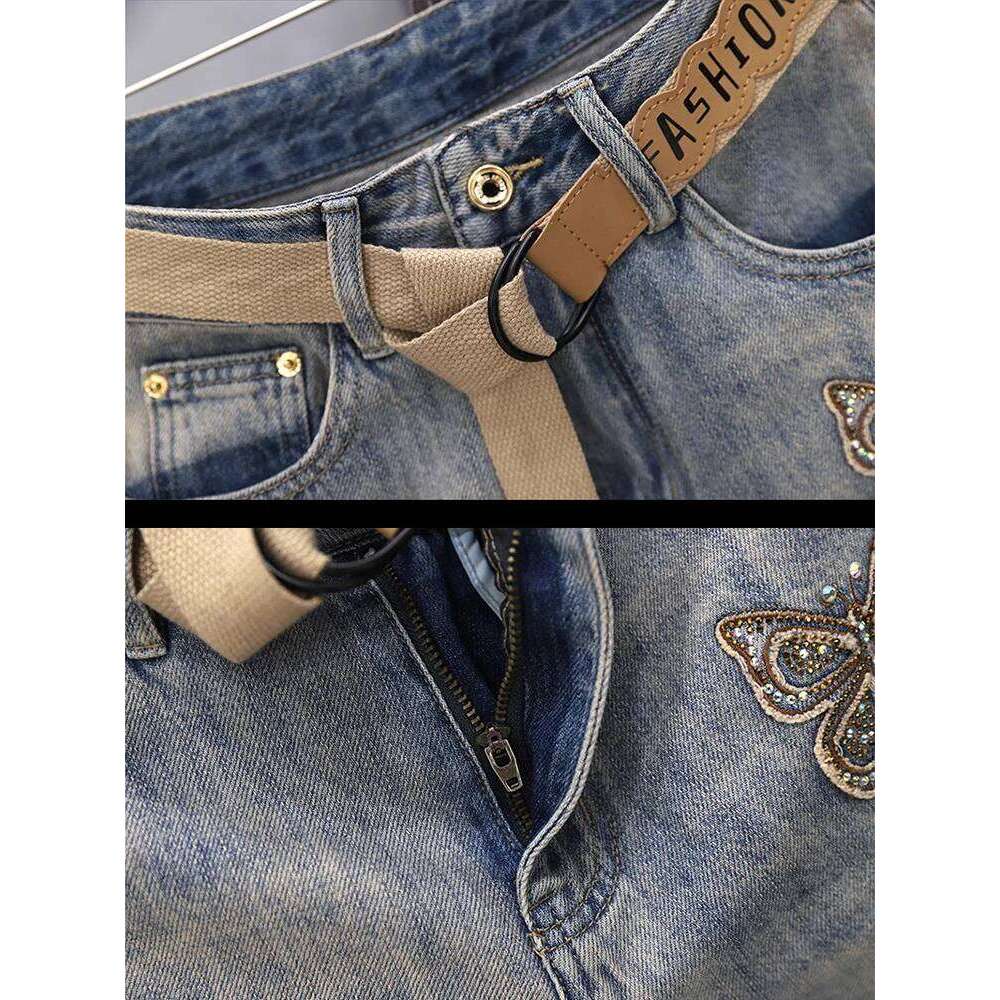Women Hollow Denim Shorts 2025 New Summer High Waisted Fashion Butterfly Decal Half Length Jean Versatile Casual Pants XJ260206