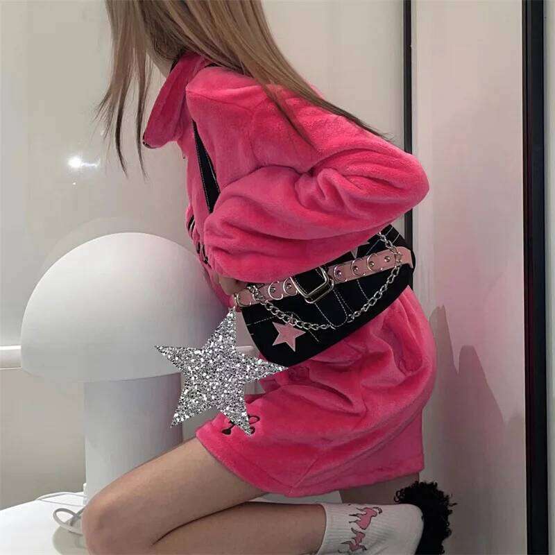 Ladies Y2k French Star Shoulder Pink Cool Hottie Underarm Fashion Hand Sweet Style Kawaii Small Bag Y260205