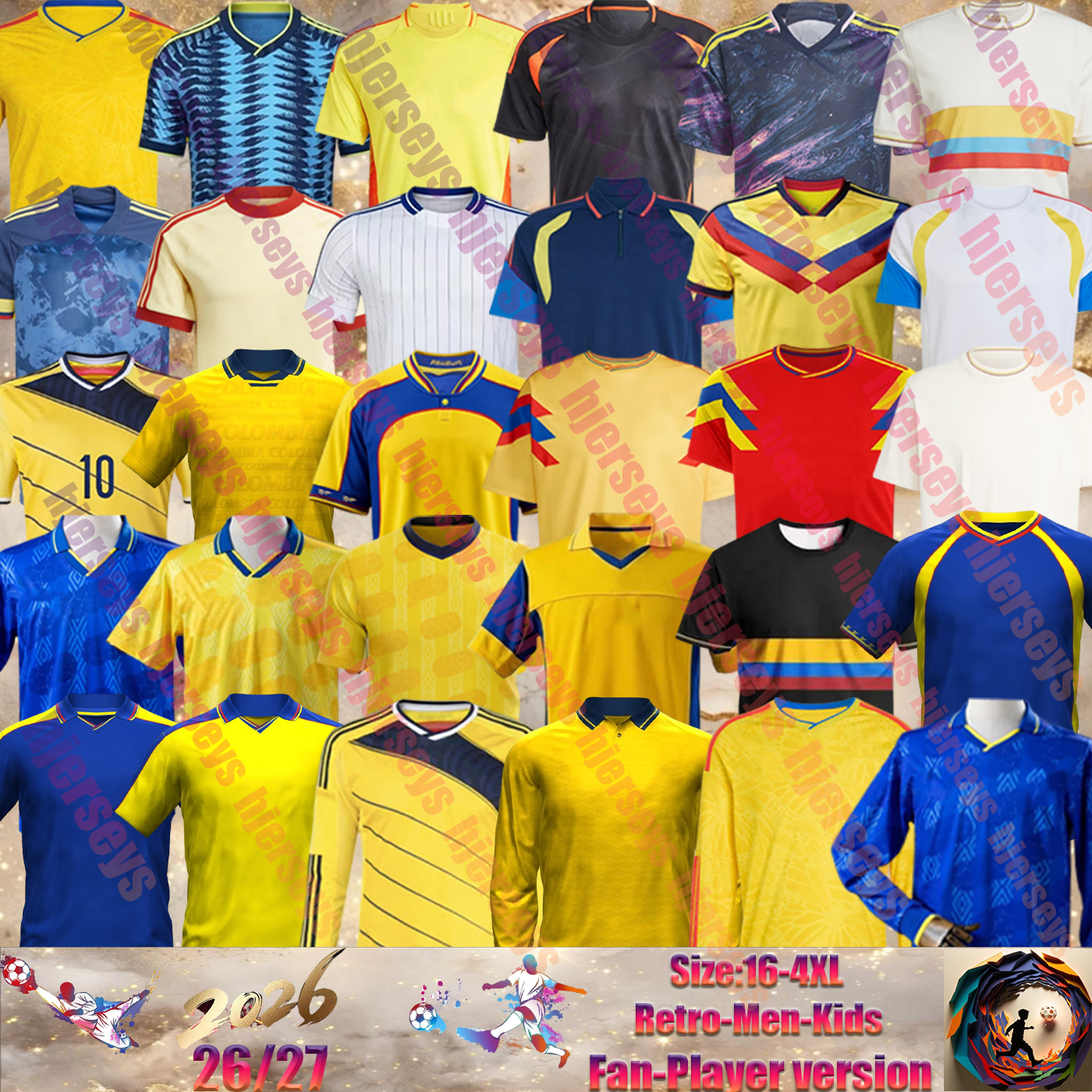 26 27 World Cup Colombia Soccer Jersey 90 94 98 01 03 05 10 14 100 Valderrama Retro JAMES Home men football T-shirts CUADRADO classic Collection de futbol maillot kids kit