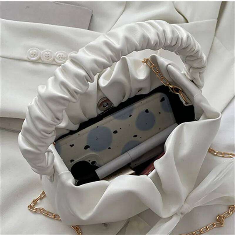 Bow Accented Ruched Tote Bag, Retro Chic Chain Crossbody Bags for Women Mini Crossbody/handbag Purse, Trendy Cloud Shoulder Bag Y260205