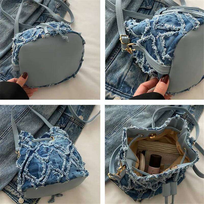 Mini Style Denim for Women Stylish Drawstring New Bucket Cell Phone Bag, Versatile Women's Shoulder Cross Bags Y260205