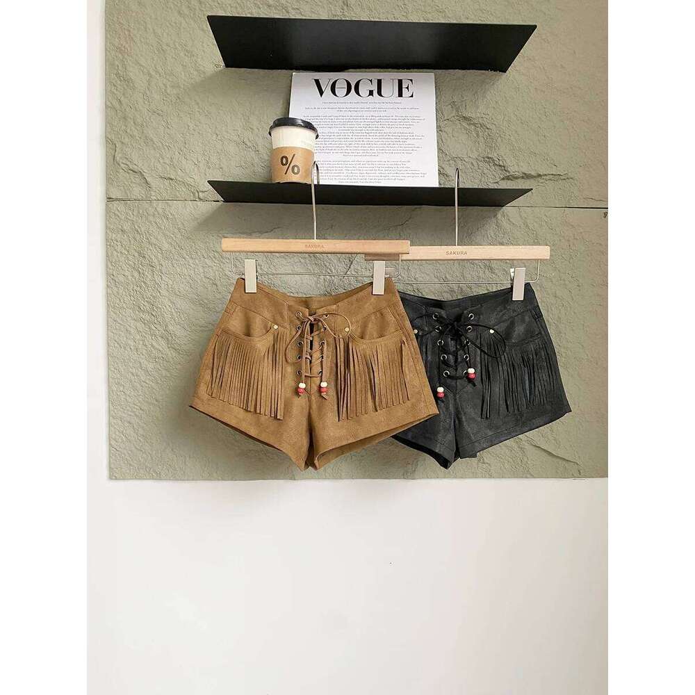 Women's Summer High Street Music Festival Tassel Shorts Lady Drawstring Waist Straight Short Pants XJ260206