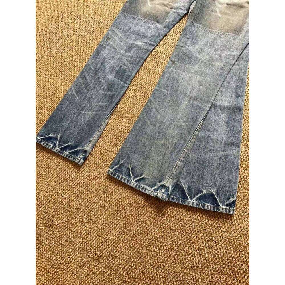 Undercover Multi Personality Face Portrait Print Jeans Men Women Unisex Washed Distressed Hole Damaged Burr Micro Flared Pants 26L0507