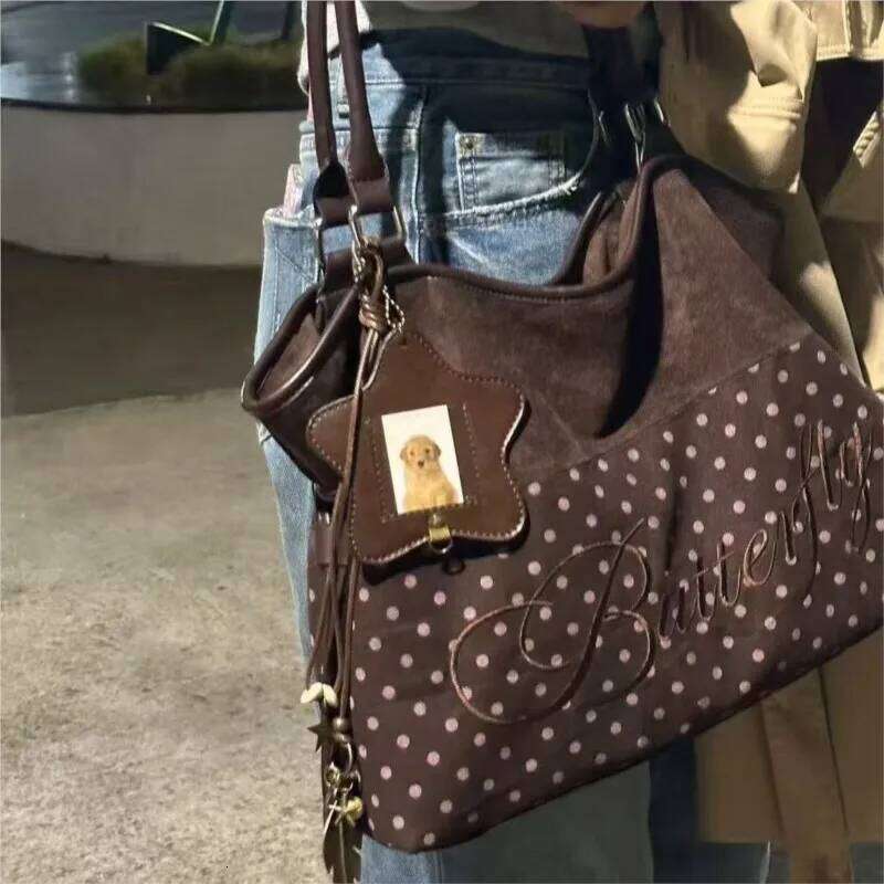 Sweet Harajuku Polka Dot Tote Women Embroidered Letter Large Capacity Shoulder Bag Ladies Drawstring Versatile Underarm Bags Y260205