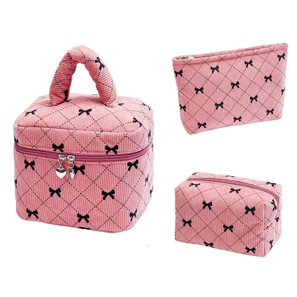 Fashion Bow Women Corduroy Makeup Storage Large Capacity Travel Organizer Cosmetic Pouch Small Handbag Zipper Clutch Bag Y260206