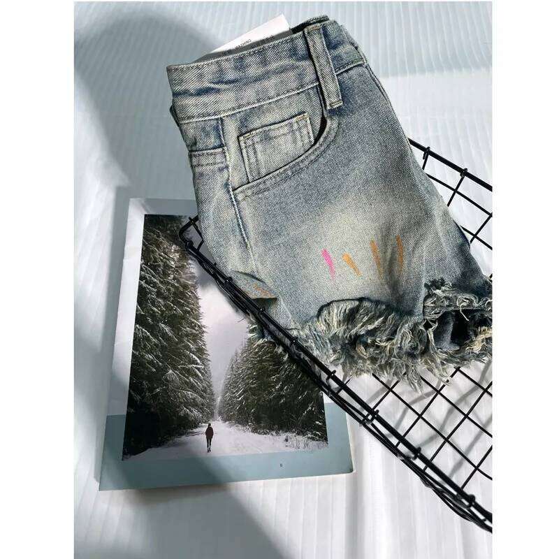 Women's painted graffiti denim shorts for summer, thin, high waisted, A-line with fringed edges, slim and wide leg pants, trendy XJ260206