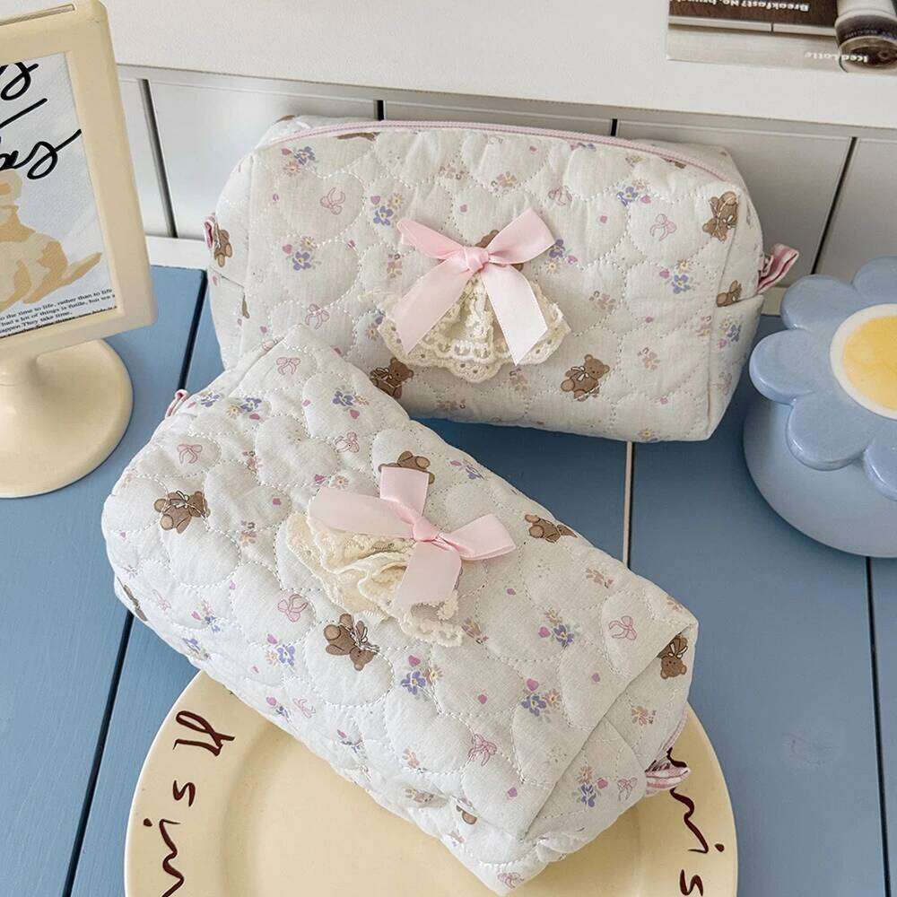 Cartoon Cute Bow Women Mini Cosmetic Portable Purse Makeup Toiletry Storage Pouch Handbag Bear Square Zipper Small Bag Y260206