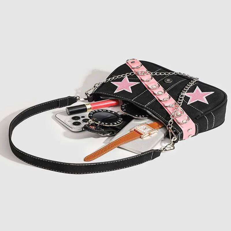 Women's Y2k Star Embroidery Shoulder Mini Chain Hobos Sweet Cool Girls Vintage Handbag Coquette Underarm Motorcycle Bag Y260205