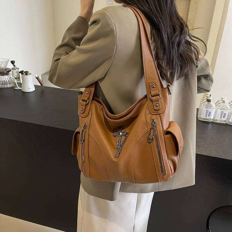 FLYING STARS Brand Tote Hardware Cross Women's Y2K Handbag Vintage PU Leather Large Capacity Women Shoulder Bag Y260205