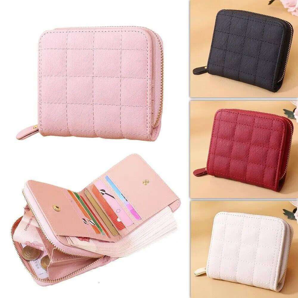 Women'S Card Holder Plaid Zipper Purse Coin Compartment PU Leather Short Wallet For Everyday Use Y260206