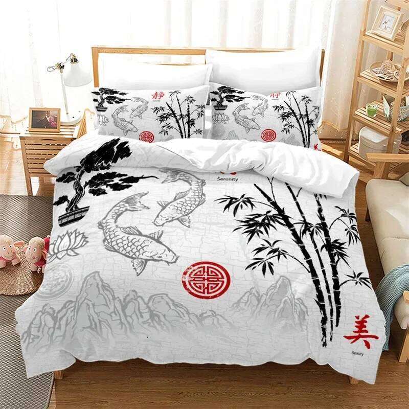 Ink Painting Duvet Japanese Style Mount Fuji Comforter Cover Red Cherry Blossoms Print Bedding Set For Adults Teens Girls XJ260206