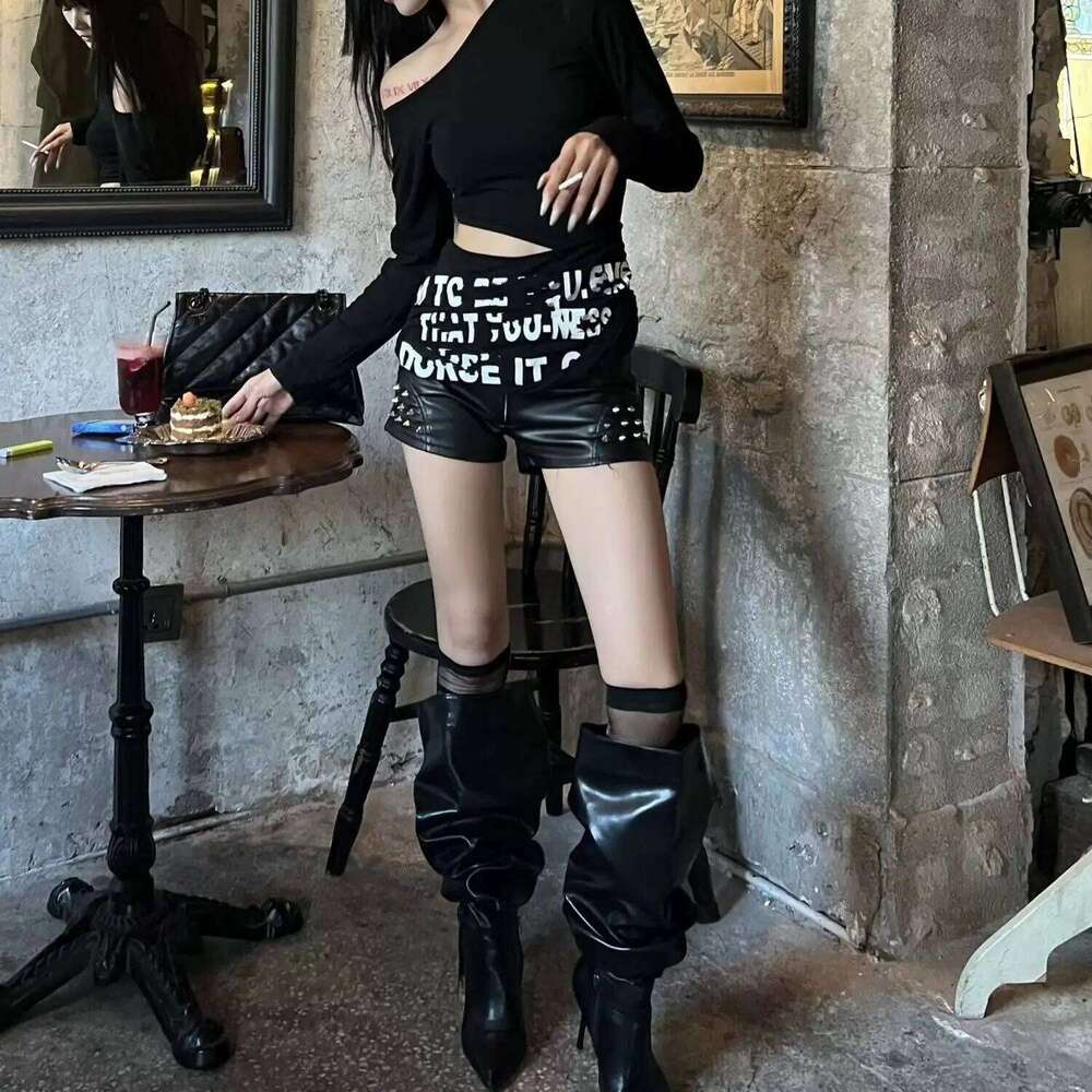 Y2k Sexy Low Waist PU Leather Rivet Super with Belt Boots Booty Shorts Women Retro Nightclub XJ260206