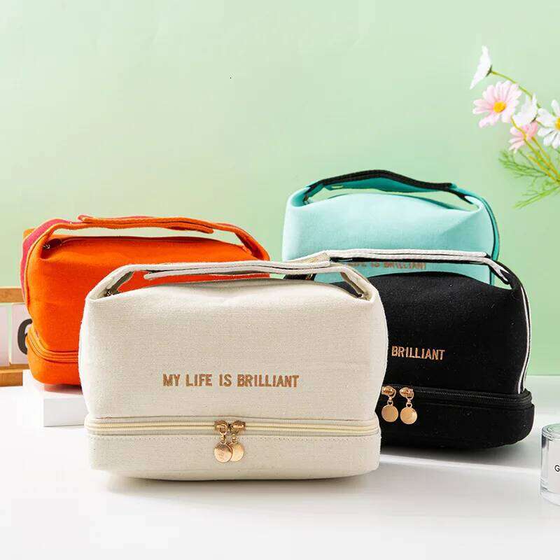 Ins Double Layer Waterproof Cosmetic Fashion Women Large Capacity Portable Canvas Travel Organizer Makeup Storage Tote Bag Y260206