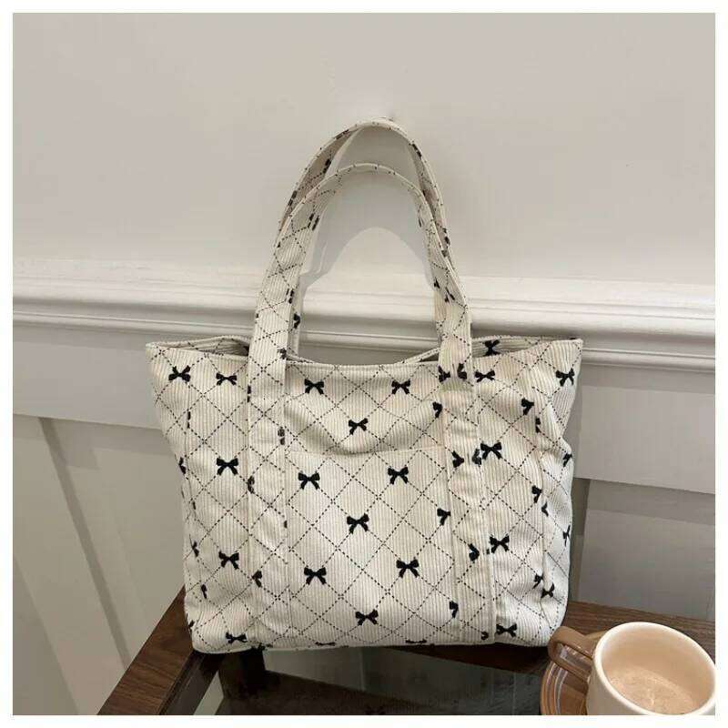 Corduroy Tote Bow Pattern Shoulder Bag Large Capacity Fashion Underarm Commuting Handbags Shopping Bags Eco-friendly Handbag Y260205