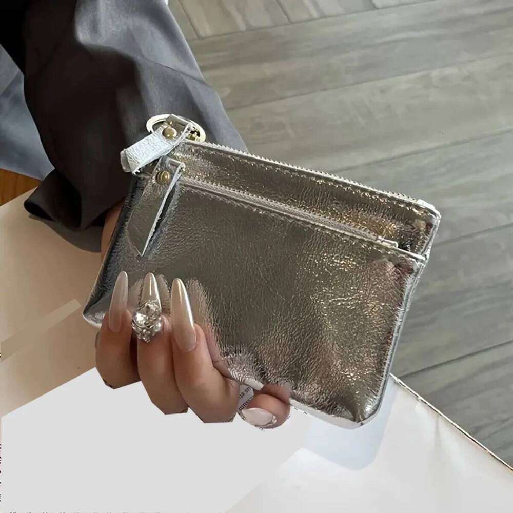 Silver zipper small wallet for women. Top layer cowhide mini pouch. Cracked texture key bag. Card holder. Coin purse. Y260206