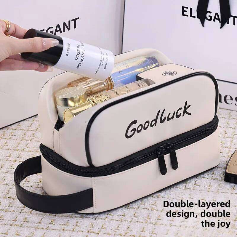 Women's Double Layer PU Leather Makeup Bag Portable Travel Cosmetic Organizer Toiletry Pouch for Beauty Essentials Y260206