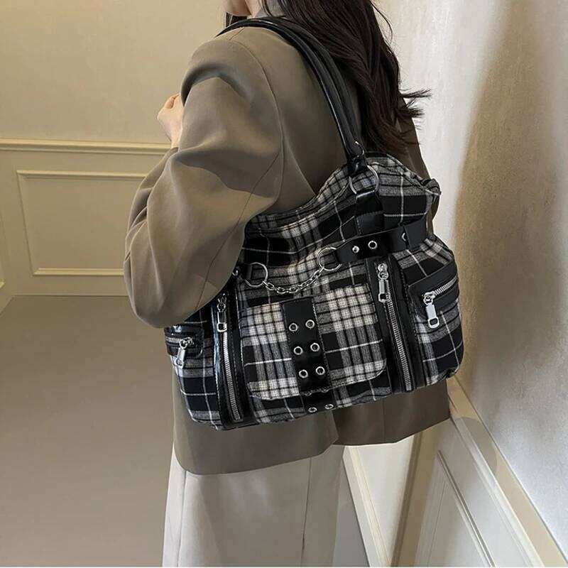 SHELKSBAG Punk Plaid Shoulder Bag Rise Up Gothic Alternative Handcuff Top Handle Tote Women 2025 Trendy New in Crossbody Bags Z260207 - view 4