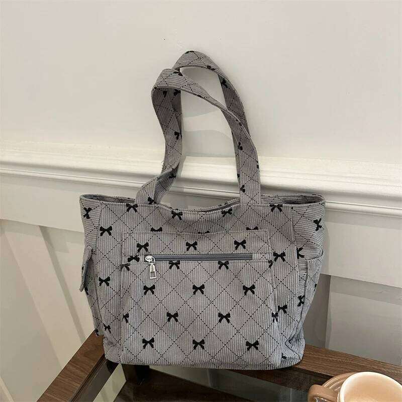 Corduroy Women Fashion Shoulder Large Capacity Casual Commute Bow Pattern Tote Bag Ladies Multiple pockets Underarm Bags Y260205