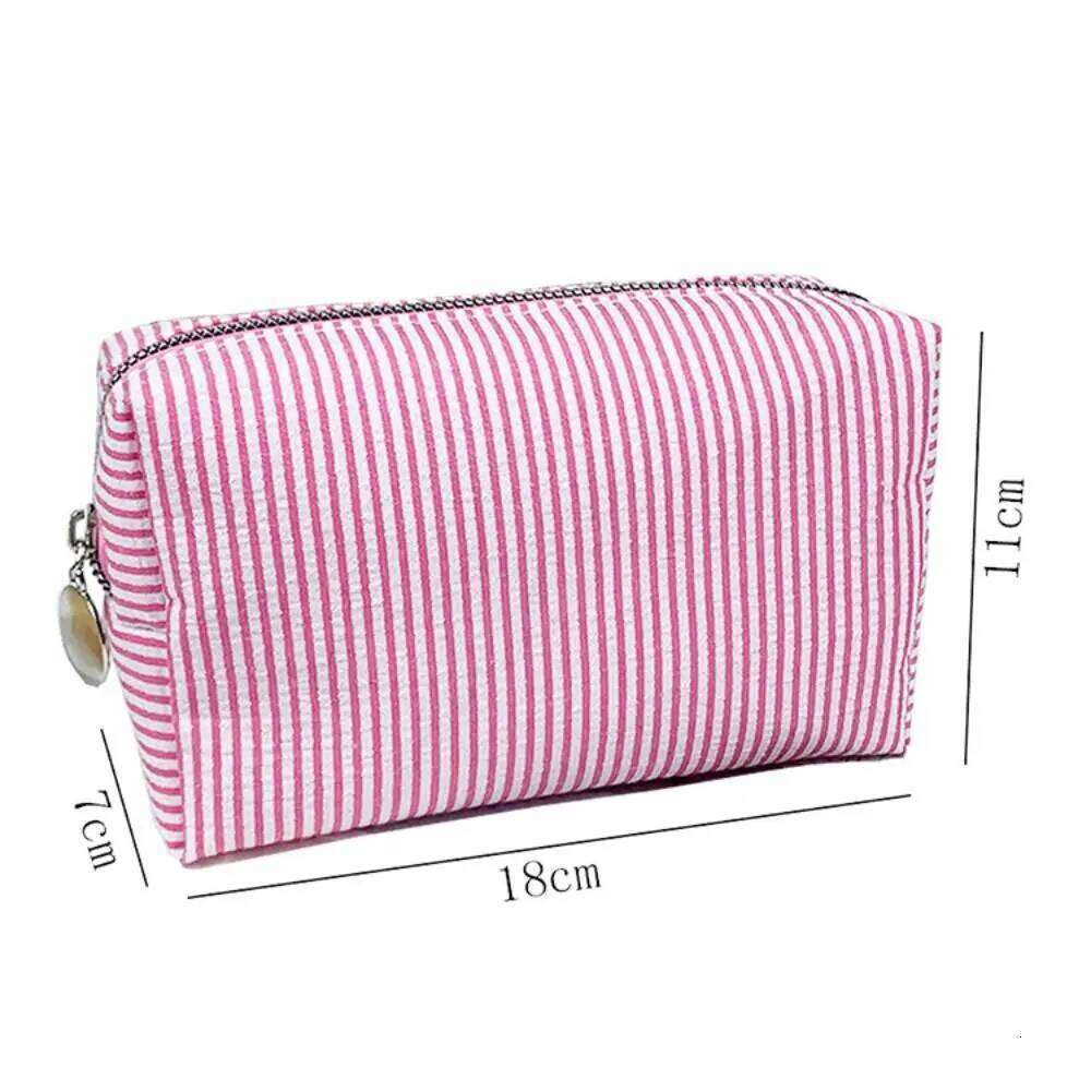 Striped Makeup Bag Zipper Closure Soft Seersucker Fabric Cosmetic Large Capacity Multi-purpose Toiletry Pouch Travel Use Y260206