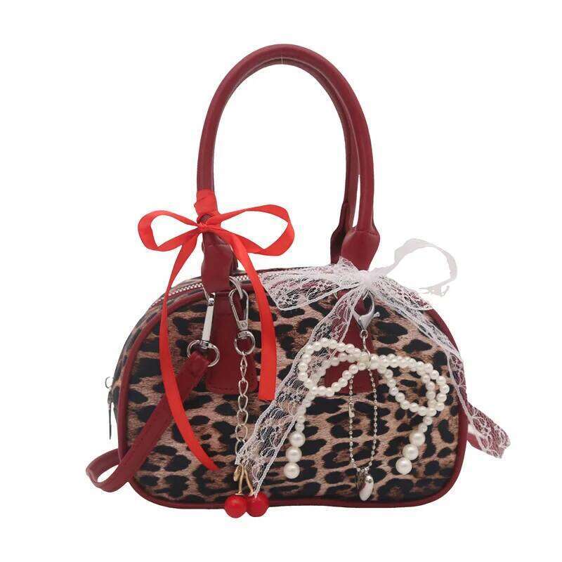 Vintage Leopard Pu Shoulder Bags for Women Portable Trendy Ladies Crossbody Bag Lace Pearl Pendant Female Bowling Handbags Y260205