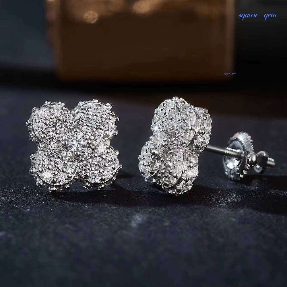 Rhodium Plated S925 Sterling Silver Clover Fine Moissanite Luxury Lab Grown Diamond Custom Women Stud Earrings