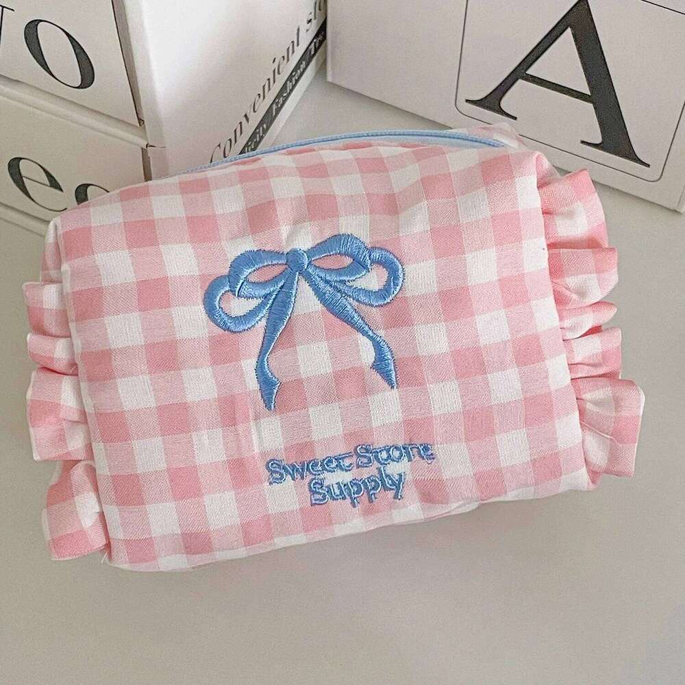 Women's Cosmetic Plaid Bow Student Sweet Style Ruffled Trousse Maquillage Organizer Pouch Makeup Bag Y260206