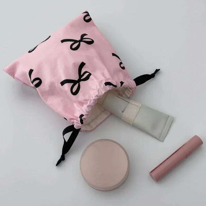 Women Sweet Kawaii String Makup Girl Korean Bow Printed Mini Drawstring Bag Cosmetic Storage Pouch Y260206